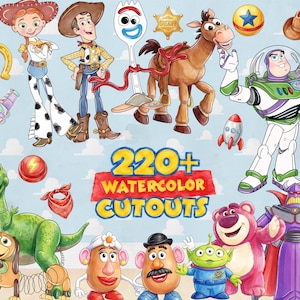 May include: A collection of watercolor illustrations featuring characters from Toy Story, including Woody, Jessie, Buzz Lightyear, Rex, and others, with the text 220+ WATERCOLOR CUTOUTS displayed prominently in the center against a light blue background.