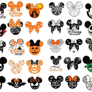 May include: A collection of graphic designs featuring Mickey Mouse and Minnie Mouse silhouettes with Halloween themes, including pumpkins, spider webs, bats, castles, and text like Disney Halloween, Disney Squad, and Happy Halloween.
