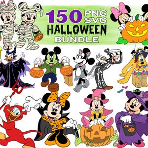 Puede incluir: Una colección digital de 150 ilustraciones con temática de Halloween que presenta personajes de dibujos animados disfrazados, incluyendo momias, un vampiro, un diablo y brujas, con calabazas y bolsas de dulces, etiquetada 150 PNG SVG HALLOWEEN BUNDLE.
