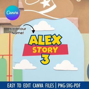 Könnte beinhalten: Ein hellblaues, bogenförmiges Schild mit weißen Wolken, einem braunen Cowboyhut oben und dem gelben Text ALEX STORY 3 auf rotem rechteckigem Hintergrund. Das Design enthält ein Canva-Logo und den Text Add Your Name mit einem Pfeil zum Namen.