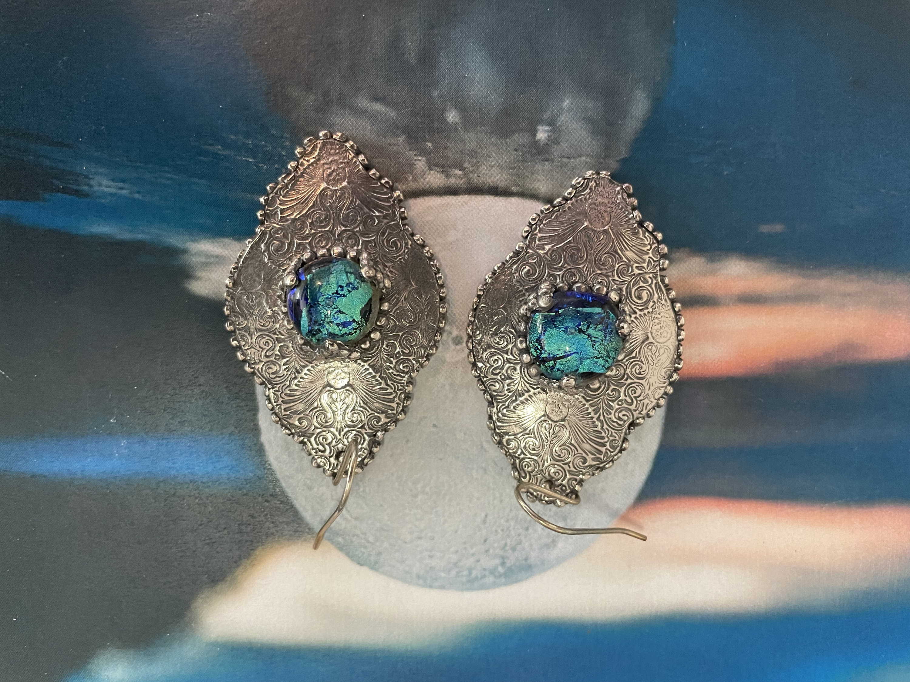 Sterling Silver Statement Drop Earrings With Owl Texture and Blue Dichroic Glass Gemstone