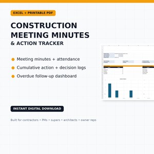 May include: A digital construction meeting minutes and action tracker template in Excel and PDF format. The document features sections for meeting attendance, cumulative action logs, decision logs, and an overdue follow-up dashboard with charts.