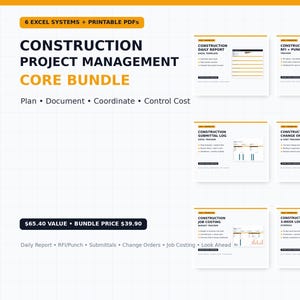 Könnte beinhalten: Ein digitales Bündel für das Bauprojektmanagement mit sechs Excel-Systemen und druckbaren PDFs. Der Text enthält Construction Project Management Core Bundle, Plan, Document, Coordinate, Control Cost und listet sechs spezifische Vorlagen auf.