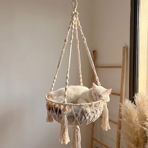 Puede incluir: Una cama colgante para gatos de macramé color crema con intrincados patrones de cuerda anudada, una base circular y borlas decorativas. Un gato blanco esponjoso está acurrucado dentro de la estructura suspendida por cuerdas trenzadas.