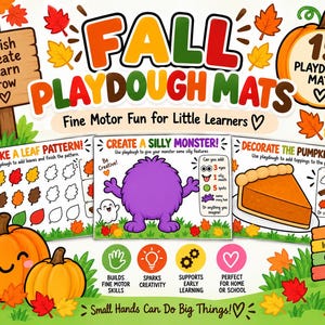 May include: A set of 15 autumn-themed playdough mats featuring activities like making leaf patterns, creating a silly monster, and decorating a pumpkin pie. The design includes colourful autumn leaves, pumpkins, and text such as Squish, Create, Learn, Grow.