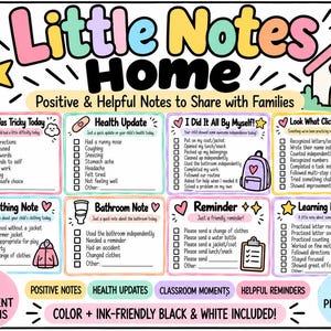 May include: A printable set of Little Notes Home featuring 16 designs for classroom communication. The document includes sections for health updates, bathroom notes, reminders, and learning moments with checkboxes and icons like a backpack and pencil.