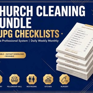 May include: A digital Church Cleaning Bundle featuring 5 JPG checklists on a dark blue background. Text includes Church Cleaning Bundle, 5 JPG Checklists, 7-Area Professional System, Daily Weekly Monthly, Printable, Instant Download, and Reusable.