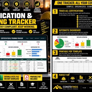 May include: A digital certification and training tracker template featuring a black and yellow color scheme. The layout includes a dashboard with pie charts, bar graphs, and a data table for tracking licenses, expiration dates, and status updates.