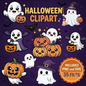 Könnte beinhalten: Eine digitale Halloween-Clipart-Sammlung mit weißen Geistern mit schwarzen Augen, orangefarbenen Kürbissen, violetten Hexenhüten und Fledermäusen auf violettem Grund. Der Text lautet HALLOWEEN CLIPART und INCLUDES PNG and SVG 35 FILES.