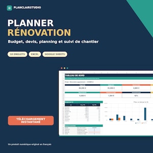 Peut inclure: Un modèle numérique de planificateur de rénovation pour Excel et Google Sheets sur fond bleu foncé avec des accents turquoise et jaune. L'interface affiche un tableau de bord avec des tableaux financiers, un suivi budgétaire et un graphique.