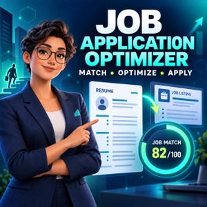 Könnte beinhalten: Eine digitale Grafik mit einer Person im marineblauen Blazer, die auf einen Lebenslauf und eine Stellenanzeige zeigt. Der Text lautet JOB APPLICATION OPTIMIZER MATCH OPTIMIZE APPLY. Ein kreisförmiger Fortschrittsbalken zeigt einen JOB MATCH von 82/100.