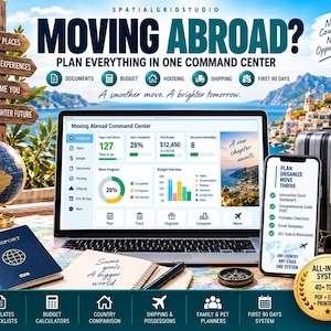 May include: A digital moving abroad command centre displayed on a laptop and smartphone screen, featuring task trackers, budget overviews, and document management tools. The setup includes a passport, a globe, a notebook, and a suitcase on a map background.