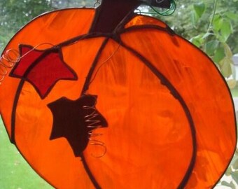 A "Pumpkin"  In Stained Glass Large Suncatcher, Decoration, With Copper Wire Vine and Attached Fall Leaves ~ Recced over 10 Percent~