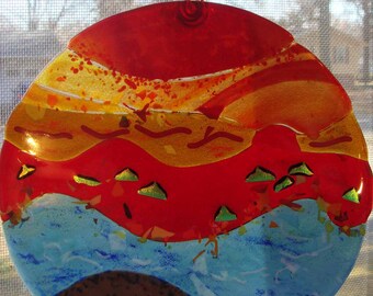 Fused Glass Round Window Hanging/Sea At Dusk