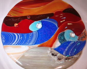 Fused Glass Round Window Hanging/Sun Meets Waves
