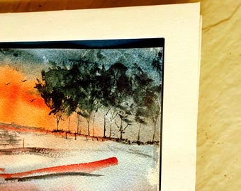 Expressive Watercolor Sunrise Painting: Dramatic Dawn Sky, Rural Landscape (5"x7")