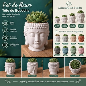 Peut inclure: Un pot de fleurs en forme de tête de Bouddha blanc avec une coiffure perlée texturée et les yeux fermés, contenant une plante succulente verte. L'image présente quatre tailles de 9 cm à 15 cm et plusieurs coloris : blanc, gris, beige, terracotta, bleu, vert et rose.