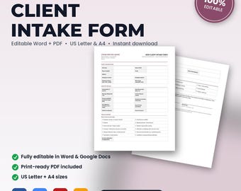 Formulario de admisión de clientes para spa médico / Word editable + PDF (tamaños Carta de EE. UU., A4)