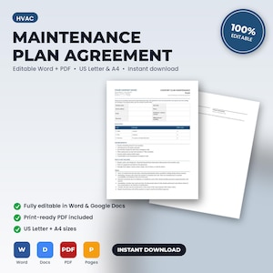 Pode incluir: Um modelo de contrato de manuten&ccedil;&atilde;o de HVAC com se&ccedil;&otilde;es para nome da empresa, detalhes do cliente, endere&ccedil;o de servi&ccedil;o, n&iacute;veis de plano e termos. O documento est&aacute; no formato A4 e &eacute; edit&aacute;vel em Word, Google Docs e PDF.