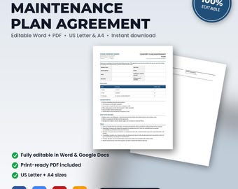 Contrato de membresía del plan de mantenimiento de HVAC / Word editable + PDF / Tamaño carta estadounidense + A4 / Descarga instantánea