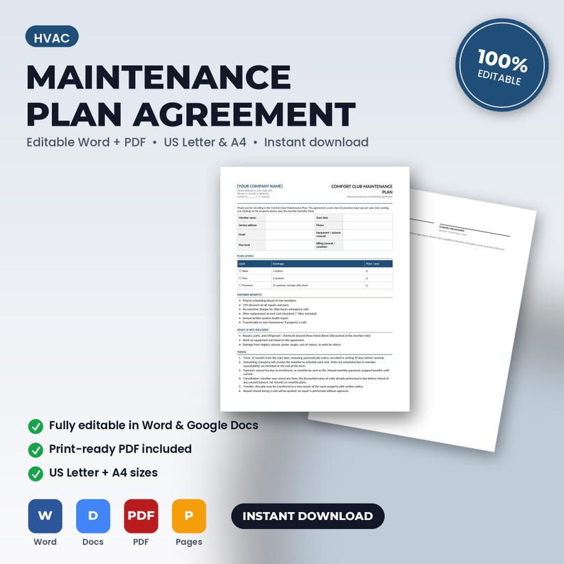 Pode incluir: Um modelo de contrato de manuten&ccedil;&atilde;o de HVAC com se&ccedil;&otilde;es para nome da empresa, detalhes do cliente, endere&ccedil;o de servi&ccedil;o, n&iacute;veis de plano e termos. O documento est&aacute; no formato A4 e &eacute; edit&aacute;vel em Word, Google Docs e PDF.