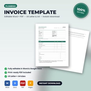 May include: A digital plumbing invoice template featuring a white document with black text, including fields for company name, customer details, service descriptions, and payment terms. The layout is organised with a dark green header and table rows.