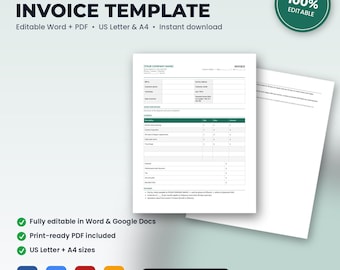 Plumbing Invoice Template | Editable Word + PDF | US Letter + A4 | Instant Download