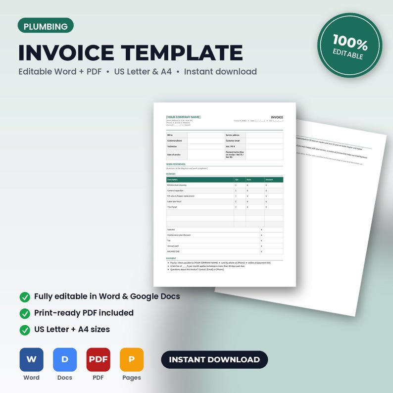 May include: A digital plumbing invoice template featuring a white document with black text, including fields for company name, customer details, service descriptions, and payment terms. The layout is organised with a dark green header and table rows.