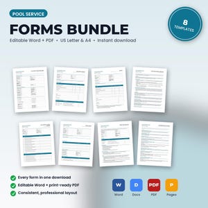 May include: A digital pool service forms bundle featuring 8 templates in Word and PDF formats. The documents include text for US Letter and A4 sizes, with a professional layout, blue headers, and organized tables for service tracking and business records.