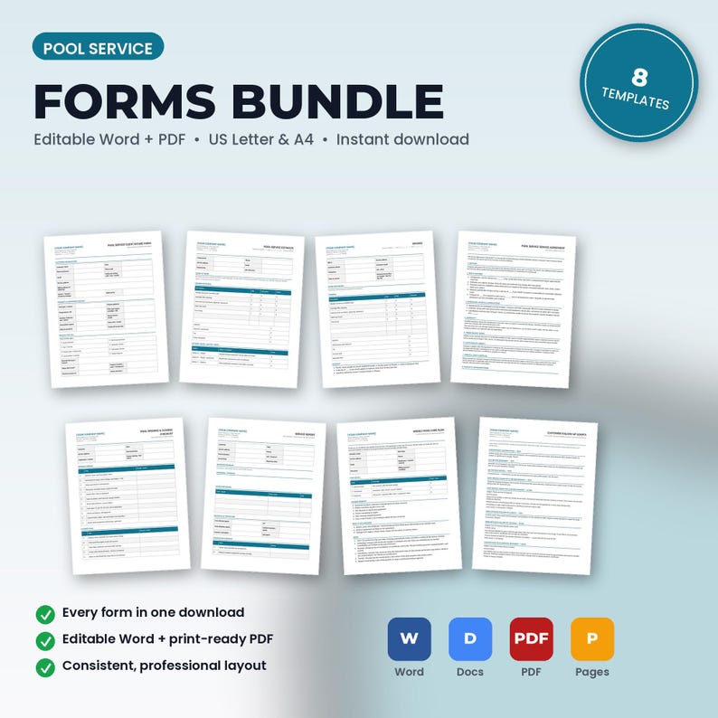 May include: A digital pool service forms bundle featuring 8 templates in Word and PDF formats. The documents include text for US Letter and A4 sizes, with a professional layout, blue headers, and organized tables for service tracking and business records.