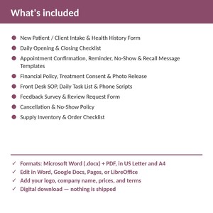 May include: A digital document set titled What's included, listing business forms like New Patient Intake, Daily Checklist, Appointment Templates, Financial Policy, Front Desk SOP, Feedback Survey, Cancellation Policy, and Supply Inventory in Word and PDF.