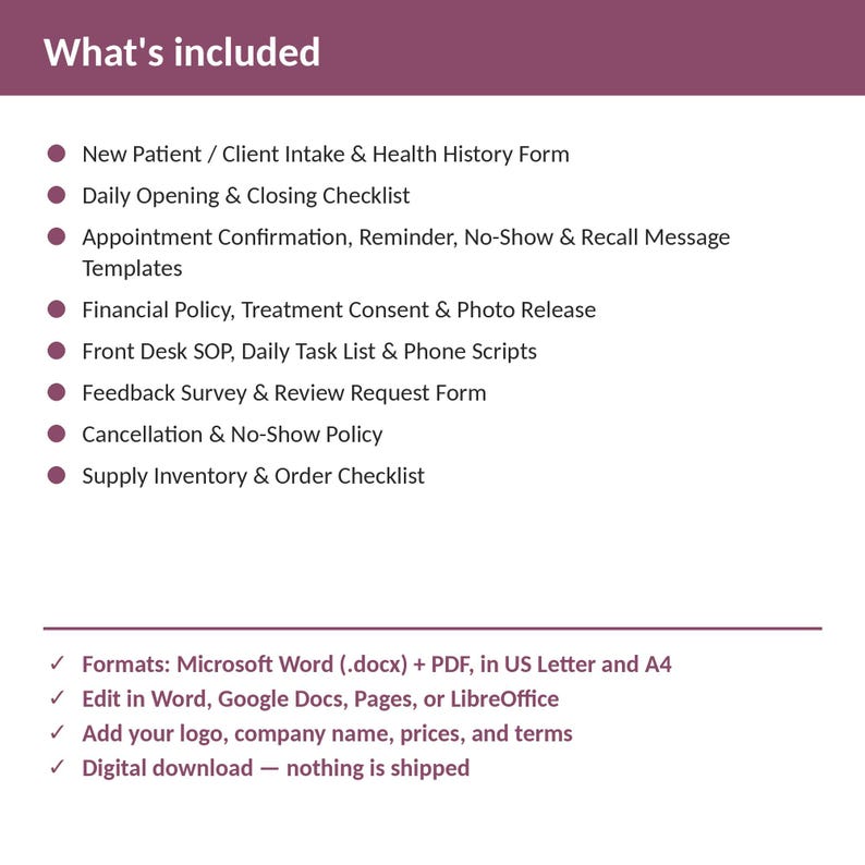 May include: A digital document set titled What's included, listing business forms like New Patient Intake, Daily Checklist, Appointment Templates, Financial Policy, Front Desk SOP, Feedback Survey, Cancellation Policy, and Supply Inventory in Word and PDF.