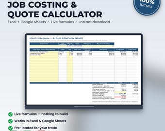 HVAC Job Costing & Quote Calculator Spreadsheet | Excel + Google Sheets | Instant Download