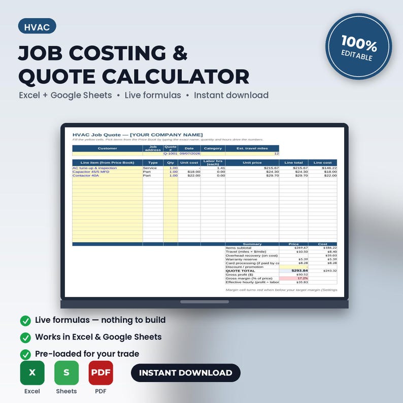 HVAC Job Costing & Quote Calculator Spreadsheet | Excel + Google Sheets | Instant Download afbeelding 1
