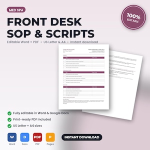 May include: A digital document set titled Med Spa Front Desk SOP & Scripts, featuring editable task lists and consultation scripts. The white pages include dark purple headers and checkboxes, presented in US Letter and A4 formats for download.