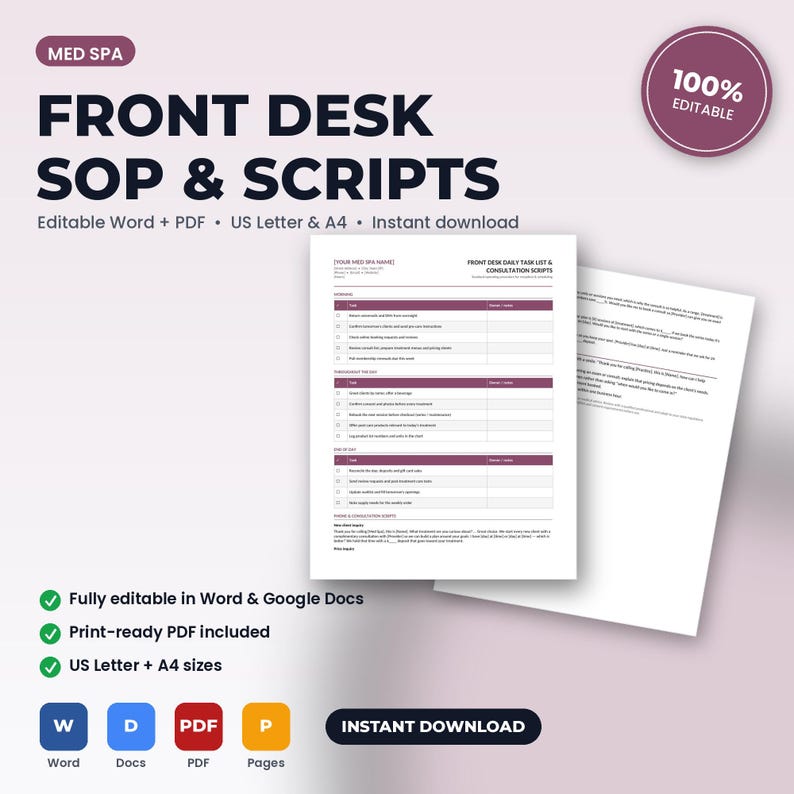 May include: A digital document set titled Med Spa Front Desk SOP & Scripts, featuring editable task lists and consultation scripts. The white pages include dark purple headers and checkboxes, presented in US Letter and A4 formats for download.
