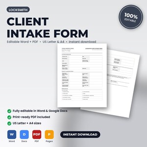 Locksmith Client Intake & Property Information Form | Editable Word + PDF | US Letter + A4 | Instant Download