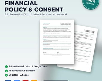 IV Hydration Clinic Financial Policy, Treatment Consent & Photo Release | Editable Word + PDF | US Letter + A4 | Instant Download