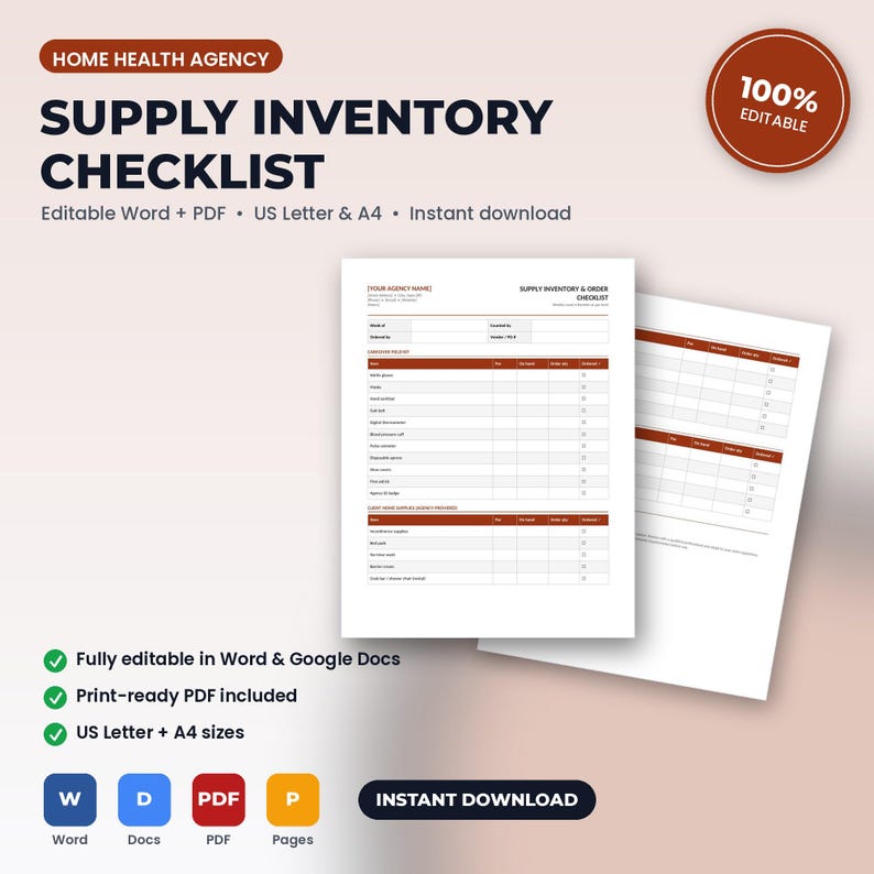 Home Health Agency Supply Inventory & Order Checklist | Editable Word + PDF | US Letter + A4 | Instant Download bild 1