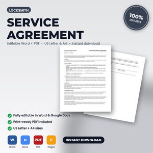 Locksmith Service Agreement & Terms of Service | Editable Word + PDF | US Letter + A4 | Instant Download imagem 1