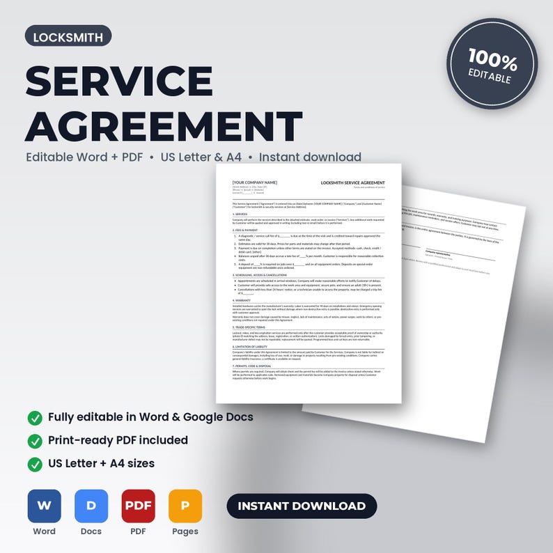 Locksmith Service Agreement & Terms of Service | Editable Word + PDF | US Letter + A4 | Instant Download imagem 1