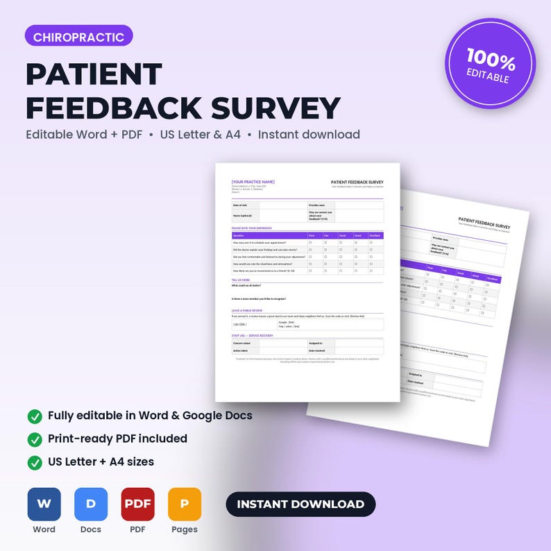 May include: A chiropractic patient feedback survey document template with purple headers and text fields for practice name, date, provider, and rating scales. The layout includes sections for patient experience, public reviews, and internal office notes.