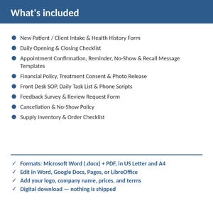 May include: A digital document set titled What's included, listing New Patient Intake, Daily Checklist, Appointment Templates, Financial Policy, Front Desk SOP, Feedback Survey, Cancellation Policy, and Supply Inventory. Formats include Word and PDF.