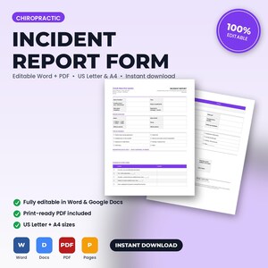 Chiropractic Office Incident & Adverse Event Report Form | Editable Word + PDF | US Letter + A4 | Instant Download zdjęcie 1