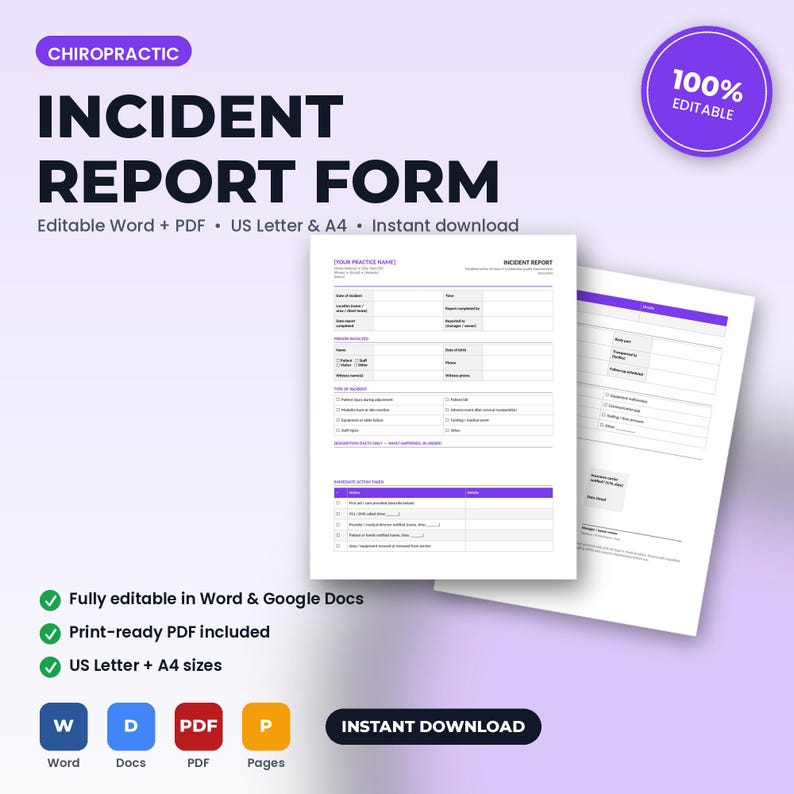 Chiropractic Office Incident & Adverse Event Report Form | Editable Word + PDF | US Letter + A4 | Instant Download zdjęcie 1