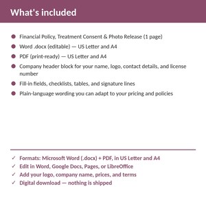 Op de afbeelding: Een digitaal documentsjabloon getiteld What's included, met een financieel beleid, behandelingsverklaring en fototoestemming. Het bevat Word .docx- en PDF-formaten in US Letter en A4-formaat met invulbare velden, checklists en tabellen.