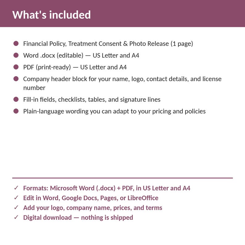 Op de afbeelding: Een digitaal documentsjabloon getiteld What's included, met een financieel beleid, behandelingsverklaring en fototoestemming. Het bevat Word .docx- en PDF-formaten in US Letter en A4-formaat met invulbare velden, checklists en tabellen.