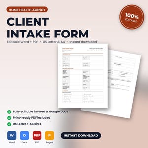 Home Health Agency New Patient / Client Intake & Health History Form | Editable Word + PDF | US Letter + A4 | Instant Download image 1