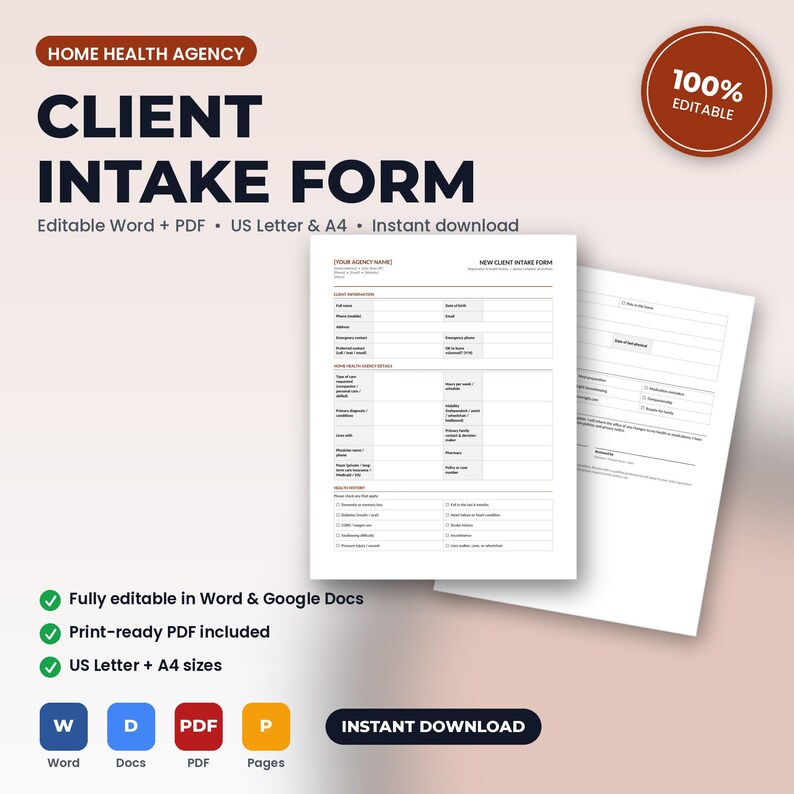 Home Health Agency New Patient / Client Intake & Health History Form | Editable Word + PDF | US Letter + A4 | Instant Download image 1