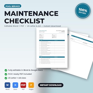 Peut inclure: Une liste de contr&ocirc;le d'entretien de piscine comprenant des sections pour les t&acirc;ches d'ouverture et de fermeture. Le document blanc pr&eacute;sente des en-t&ecirc;tes bleu fonc&eacute;, des champs pour les d&eacute;tails de l'entreprise et du client, et des cases &agrave; cocher.